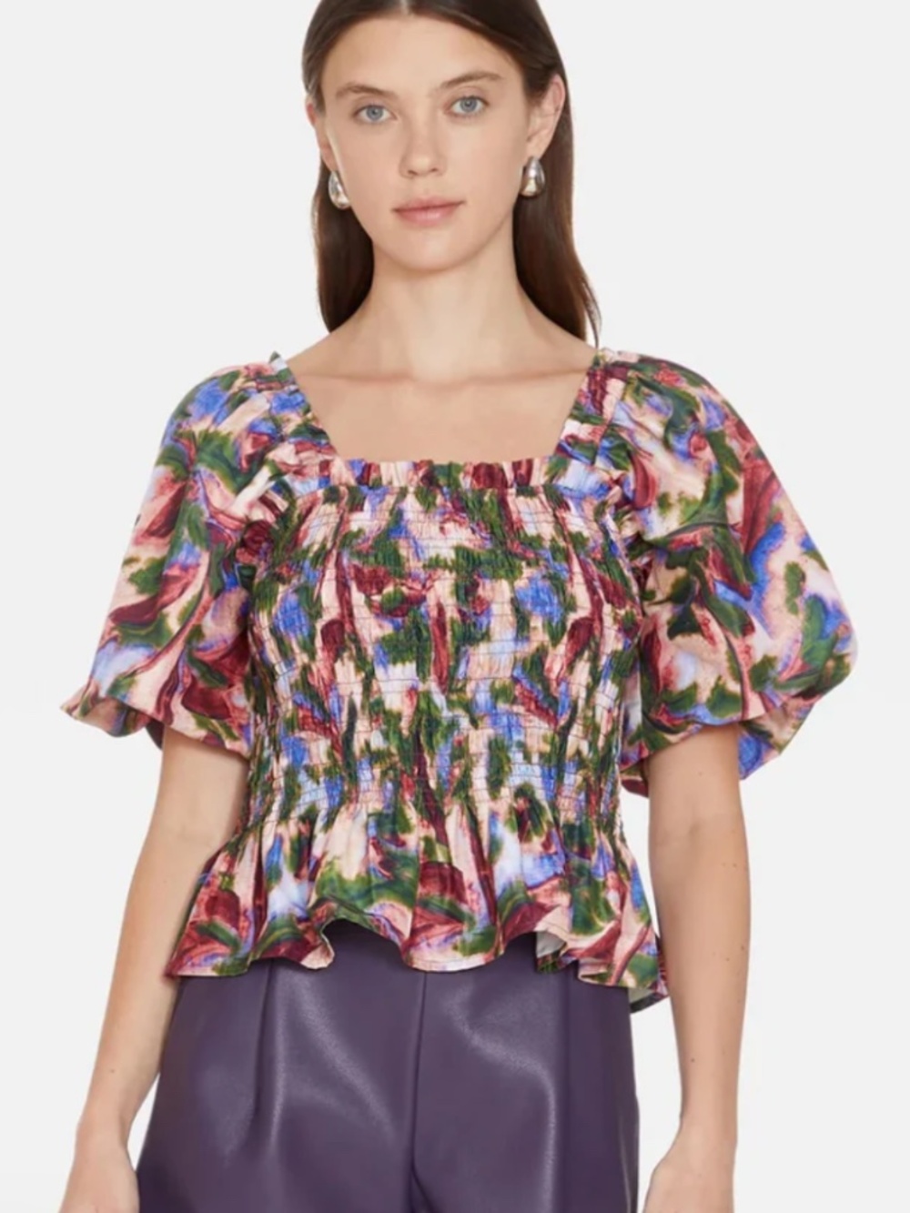 NWT! Marie Oliver Floral Smocked Puff Sleeve Top Red Blue Green Size XS